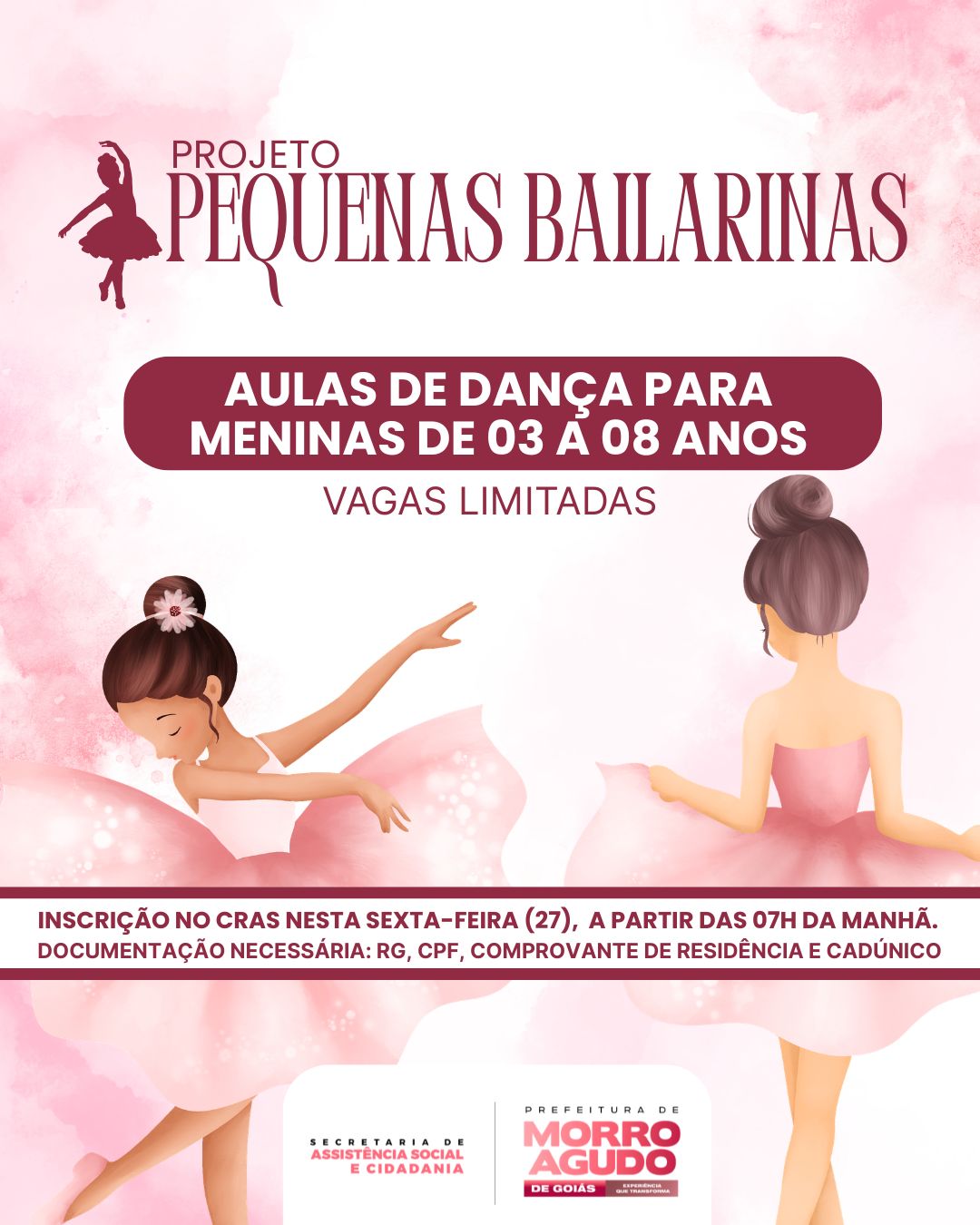 Prefeitura de Morro Agudo abre inscrições para o Projeto “Pequenas Bailarinas”
